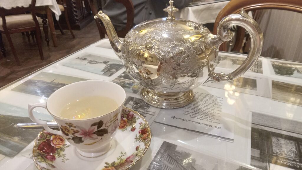 silver teapot at Scottish tea house